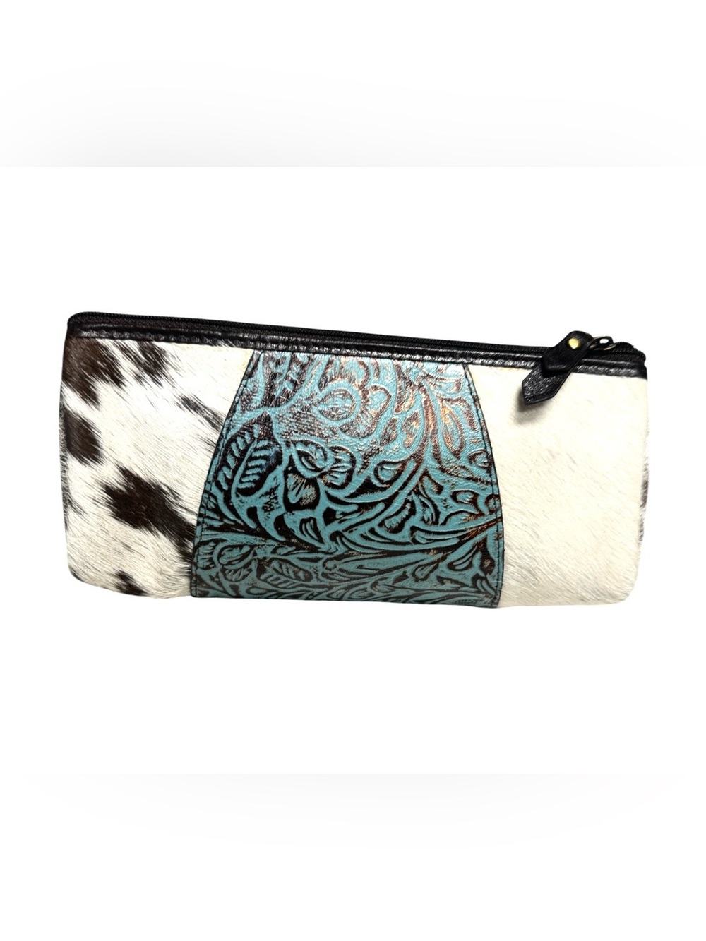 Turquoise Floral Tooled Leather & Cowhide Clutch Western Style Pouch
